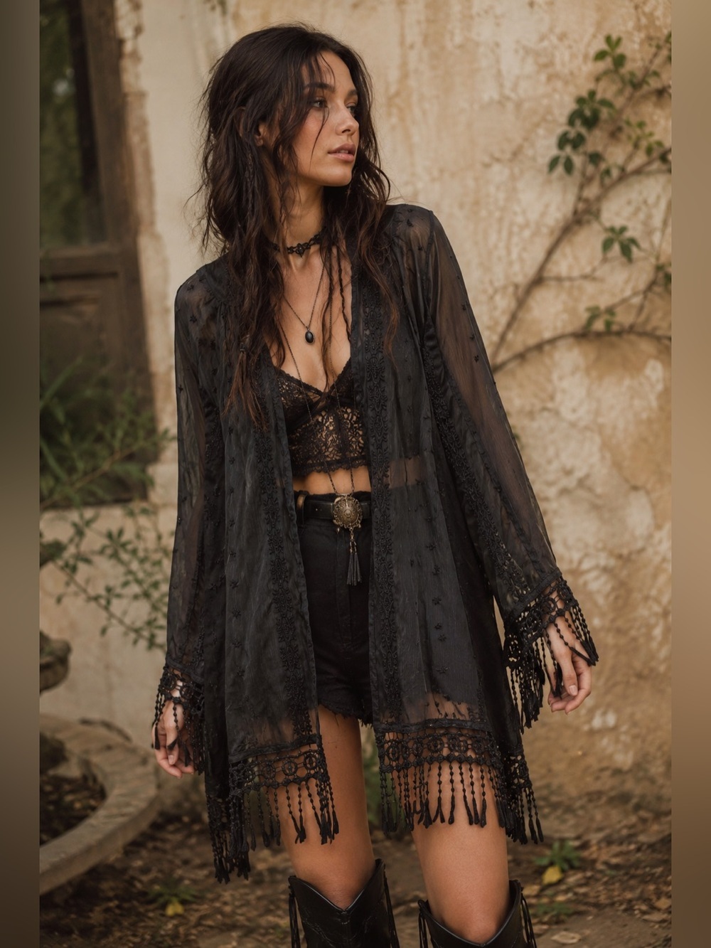 Boho Gothic Festival Fringe Sheer Duster Kimono Cover Up OS